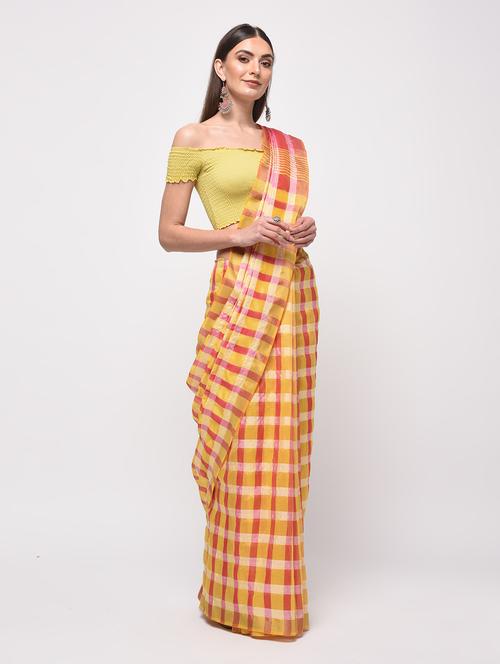 contrast checkered woven saree with blouse - 15987544 - Very Small Image - 1