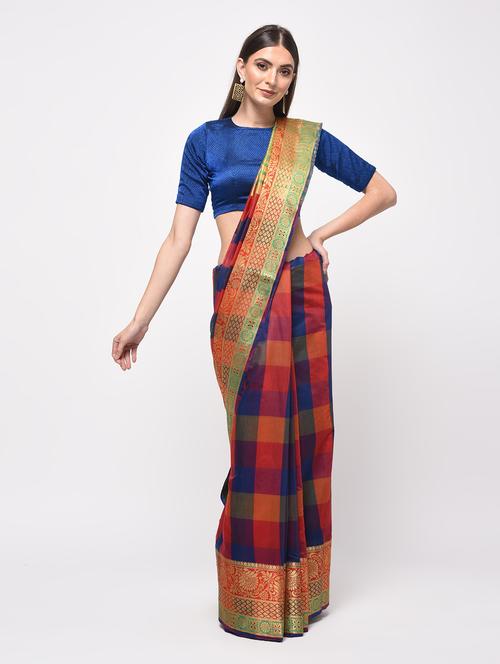 zari border checkered woven saree with blouse - 15987545 - Very Small Image - 1