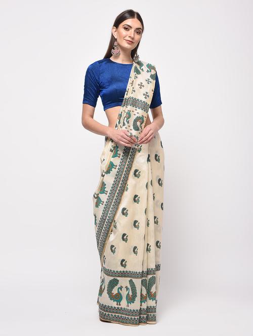 off-white kalamkari printed saree with blouse - 15987549 - Very Small Image - 1