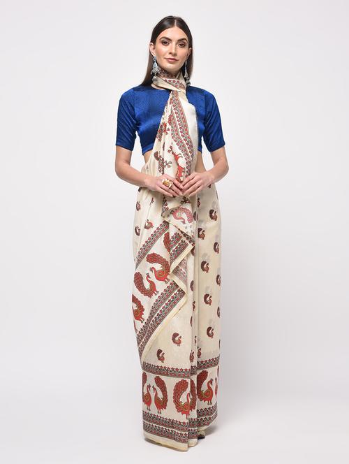 off-white kalamkari printed saree with blouse - 15987550 - Very Small Image - 1