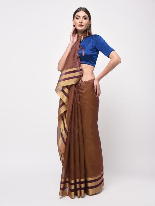 striped zari border banarasi saree with blouse - 15987565 - Very Small Image - 1