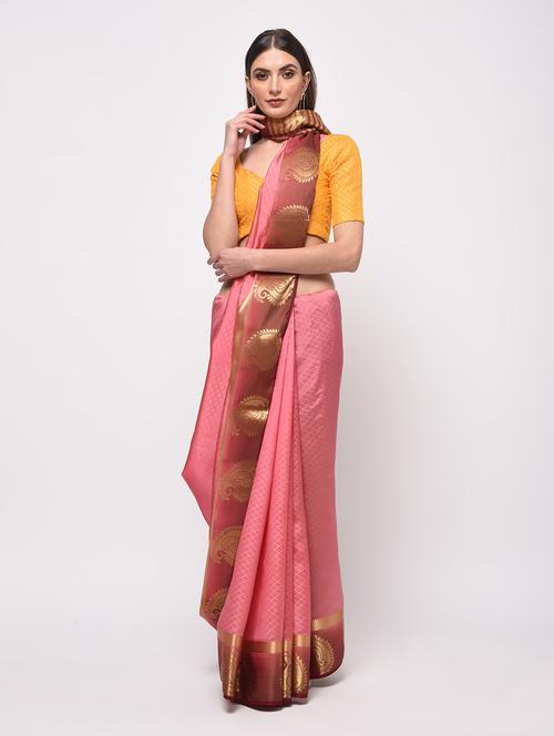 zari border peach banarasi saree with blouse - 15987567 - Very Small Image - 1