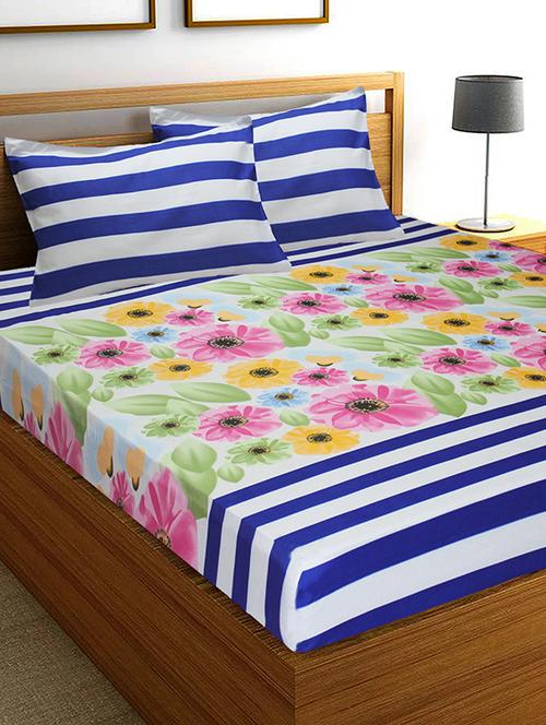 colorful flowers and stripes microfiber double bed sheet with 2 pillow covers - 15988017 - Very Small Image - 1