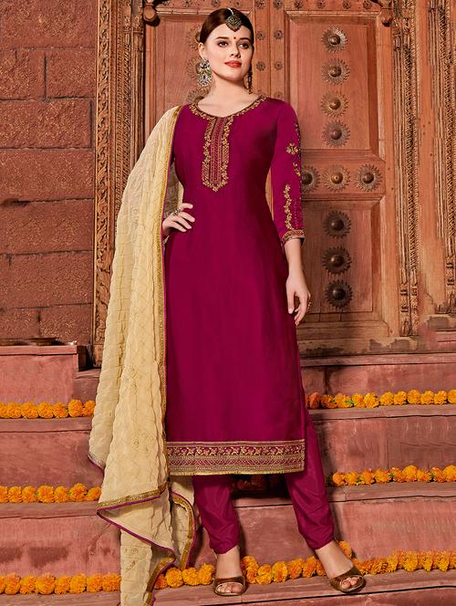 embroidered straight suits semi-stitched suit - 15989006 - Very Small Image - 1