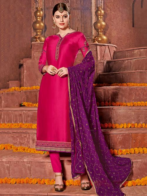 embroidered straight suits semi-stitched suit - 15989009 - Very Small Image - 1