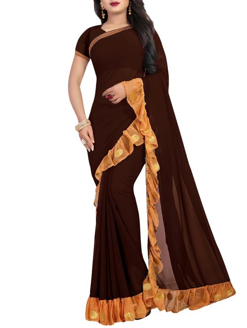 contrast ruffle border brown saree with blouse - 15989083 - Very Small Image - 1