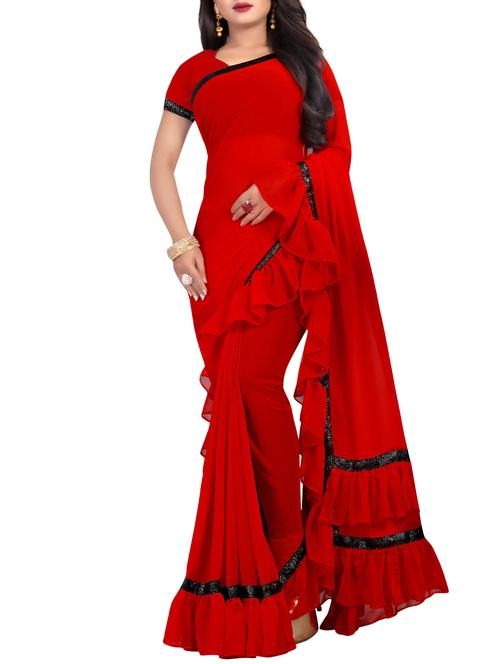 ruffle lace border red saree with blouse - 15989084 - Very Small Image - 1