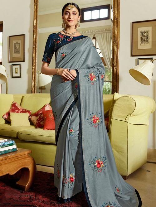 floral embroidered grey saree with blouse - 15989423 - Very Small Image - 1