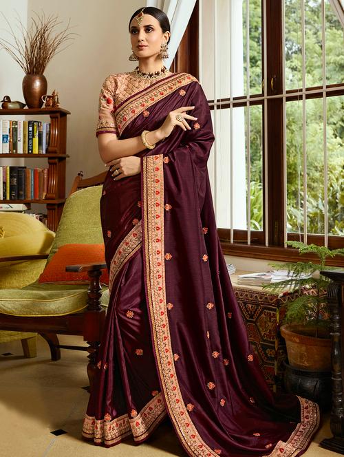 floral burgundy embroidered saree with blouse - 15989425 - Very Small Image - 1