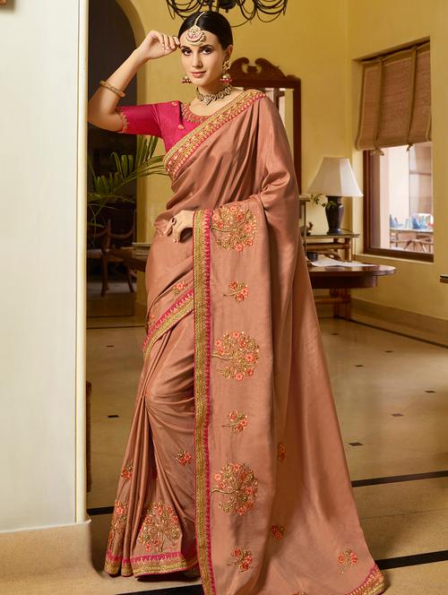 floral peach embroidered saree with blouse - 15989429 - Very Small Image - 1