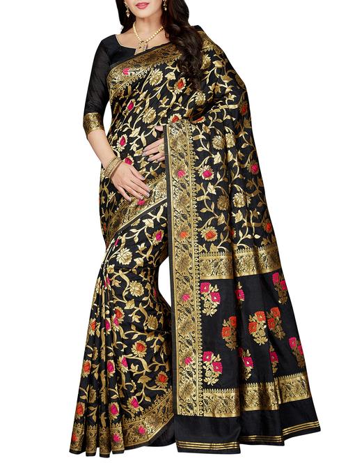 floral zari motif black kanjivaram saree with blouse - 15989682 - Very Small Image - 1