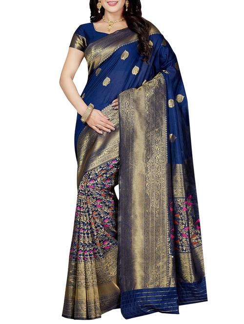 ethnic zari motifs blue kanjivaram saree with blouse - 15989683 - Very Small Image - 1