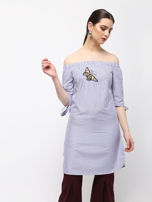 off shoulder striped embroidered tunic - 15989960 - Very Small Image - 1
