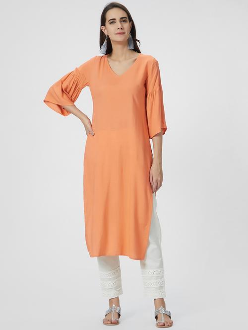solid bell sleeves straight kurta - 15990282 - Very Small Image - 1