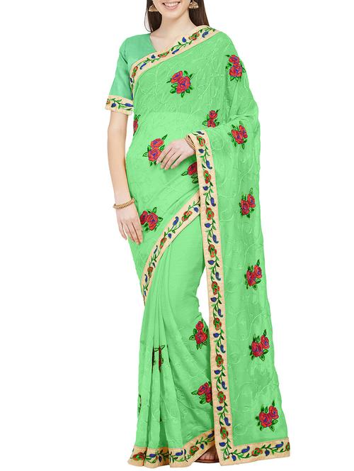 floral resham green embroidered saree with blouse - 15996601 - Very Small Image - 1