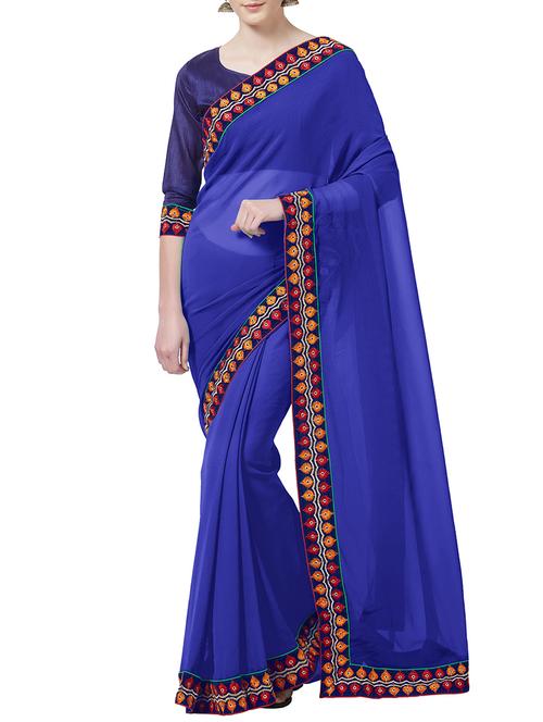 embroidered border royal blue saree with blouse - 15996608 - Very Small Image - 1