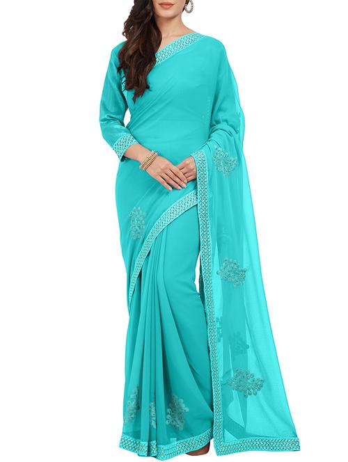 turquoise resham embroidered saree with blouse - 15996708 - Very Small Image - 1