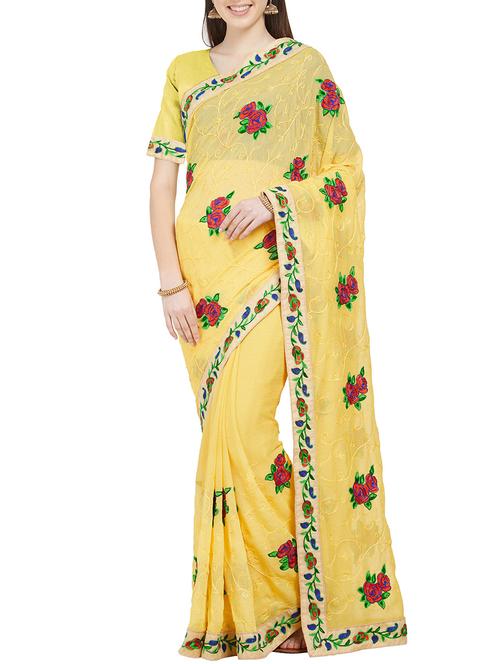 floral resham yellow embroidered saree with blouse - 15996710 - Very Small Image - 1