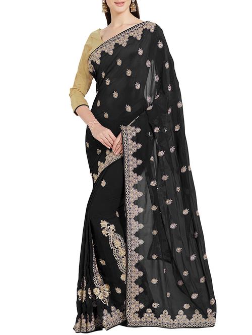 ethnic motifs black embroidered saree with blouse - 15996713 - Very Small Image - 1