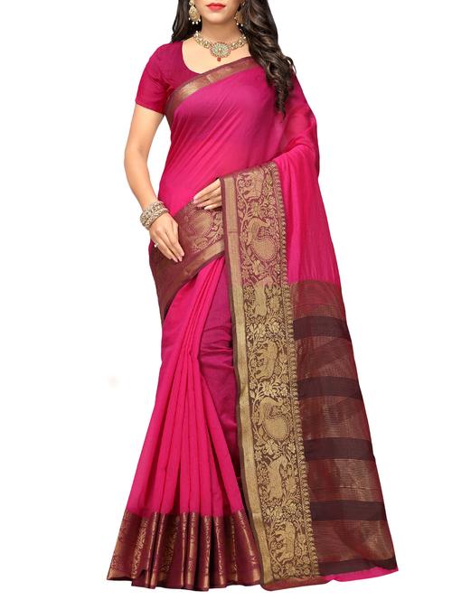 zari border magenta woven saree with blouse - 15997124 - Very Small Image - 1