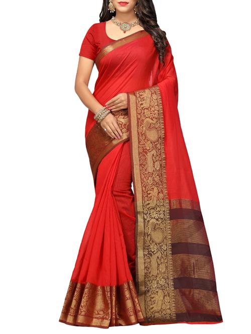 zari border red woven saree with blouse - 15997125 - Very Small Image - 1