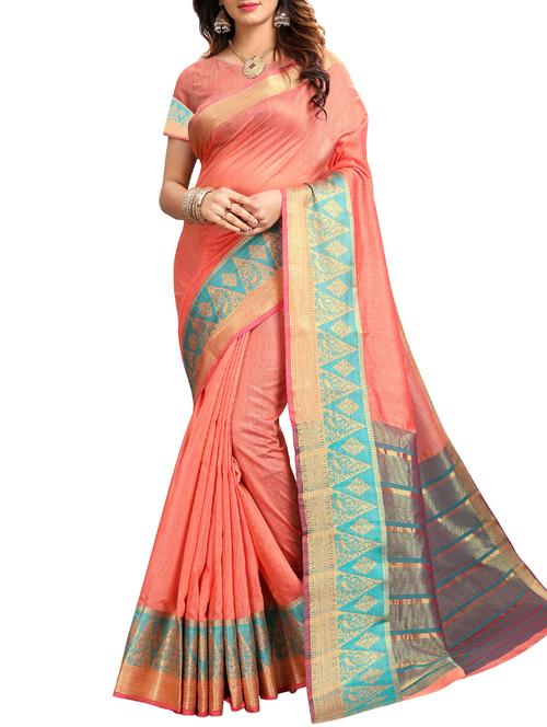 contrast zari border peach woven saree with blouse - 15997137 - Very Small Image - 1