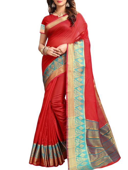 contrast zari border red woven saree with blouse - 15997139 - Very Small Image - 1
