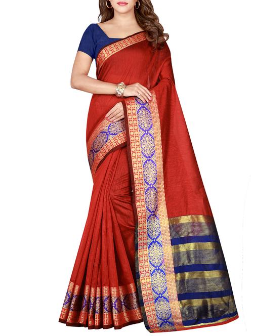 zari border red woven saree with blouse - 15997165 - Very Small Image - 1