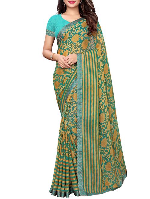 floral turquoise printed saree with blouse - 15997701 - Very Small Image - 1