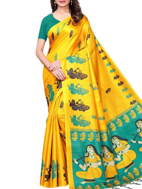 kalamkari yellow printed saree with blouse - 15997717 - Very Small Image - 1