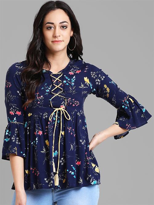 lace up detail floral gathered top - 15998075 - Very Small Image - 1