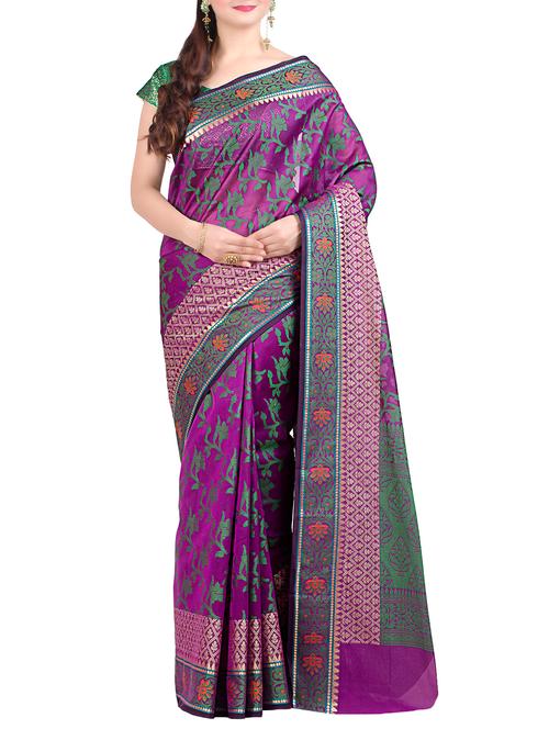 floral zari motif purple banarasi saree - 15998648 - Very Small Image - 1