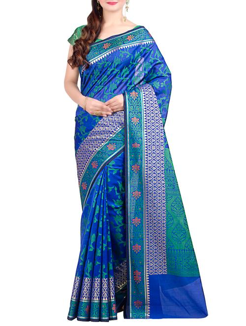 floral zari motif blue banarasi saree - 15998649 - Very Small Image - 1