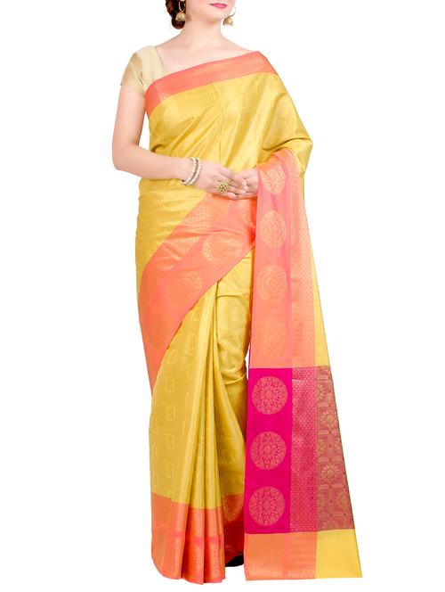 contrast zari border yellow banarasi saree - 15998682 - Very Small Image - 1