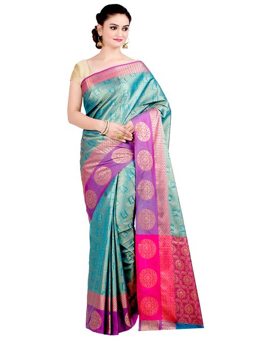 contrast zari border tuquoise banarasi saree - 15998683 - Very Small Image - 1