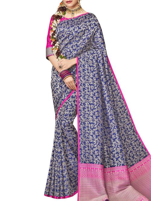 ethnic motifs navy blue woven saree with blouse - 15998956 - Very Small Image - 1