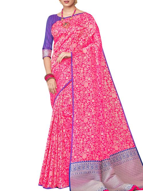 ethnic motifs pink woven saree with blouse - 15998959 - Very Small Image - 1