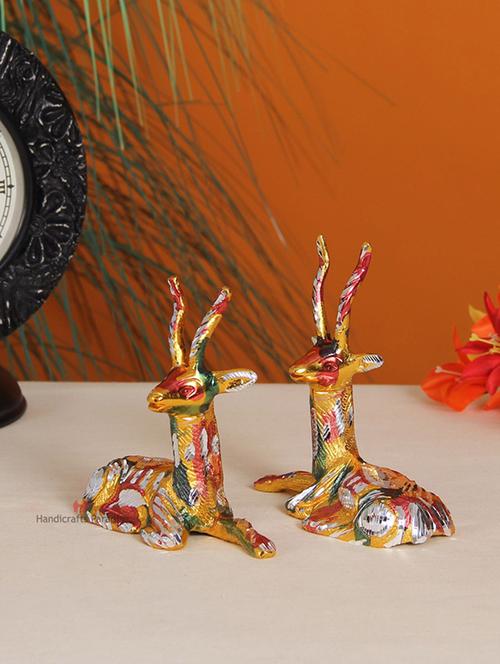 handicrafts paradise pair of metal sitting deer home decor showpiece - 4.75 inch ( multi color ) - 15999258 - Very Small Image - 1