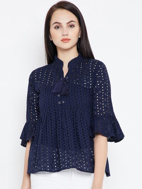 lace up detail schiffli top - 15999437 - Very Small Image - 1