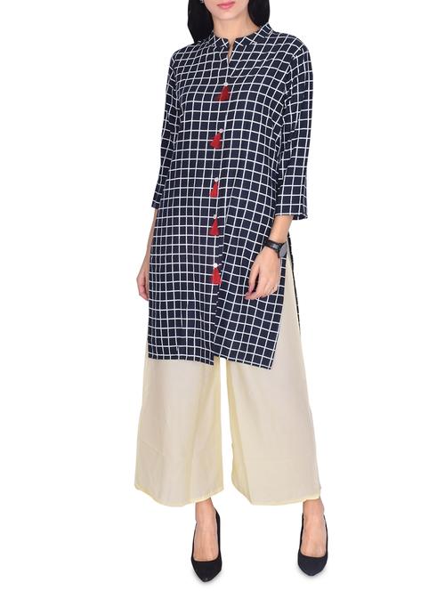checkered straight kurta with tassels - 15999489 - Very Small Image - 1