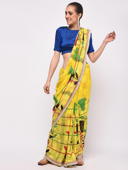 yellow georgette printed saree with blouse - 16000636 - Very Small Image - 1