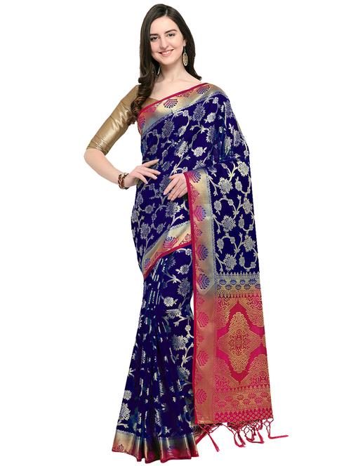 floral zari motif navy kanjivaram saree with blouse - 16001761 - Very Small Image - 1