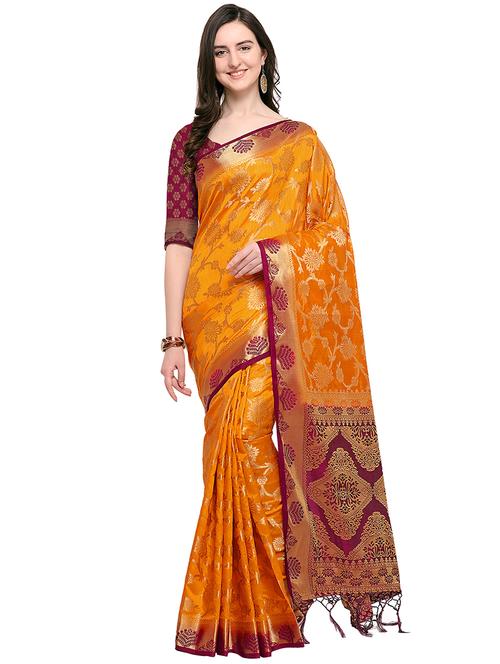 floral zari motif mustard kanjivaram saree with blouse - 16001763 - Very Small Image - 1