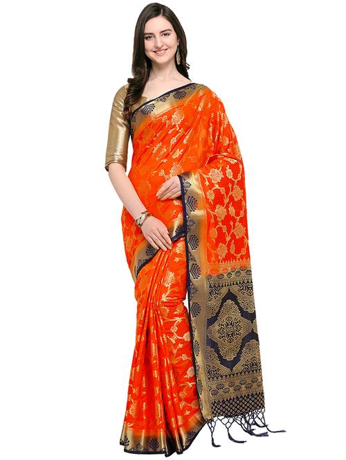 floral zari motif orange kanjivaram saree with blouse - 16001764 - Very Small Image - 1