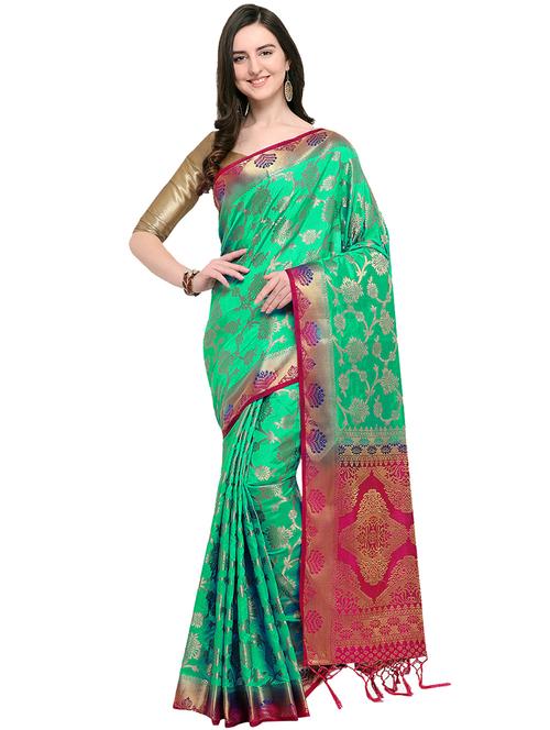 floral zari motif turquoise kanjivaram saree with blouse - 16001765 - Very Small Image - 1