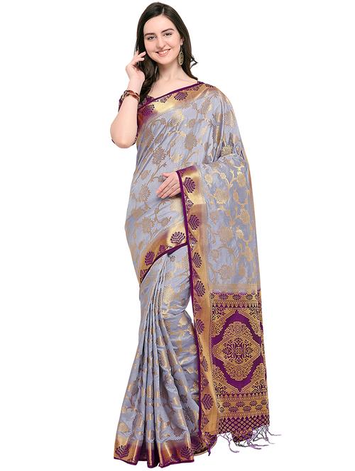 floral zari motif grey kanjivaram saree with blouse - 16001766 - Very Small Image - 1