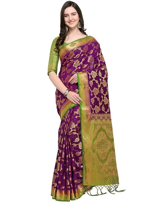 floral zari motif purple kanjivaram saree with blouse - 16001767 - Very Small Image - 1