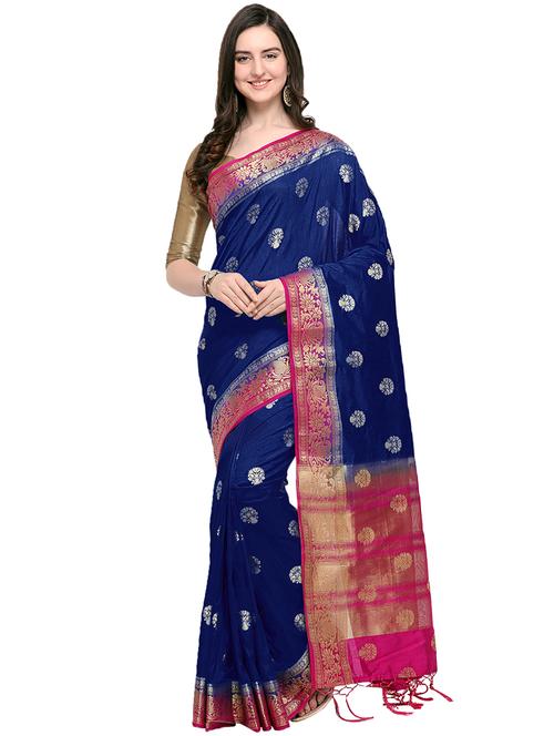 floral zari motif navy kanjivaram saree with blouse - 16001768 - Very Small Image - 1