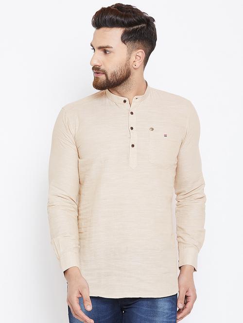 beige cotton short kurta - 16001934 - Very Small Image - 1
