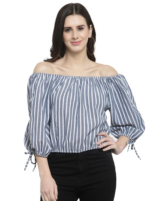off shoulder striped blouson top - 16002450 - Very Small Image - 1